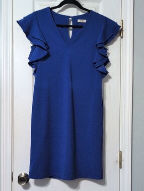 V-Neck Ruffle Sleeve Midi Dress in Royal Blue